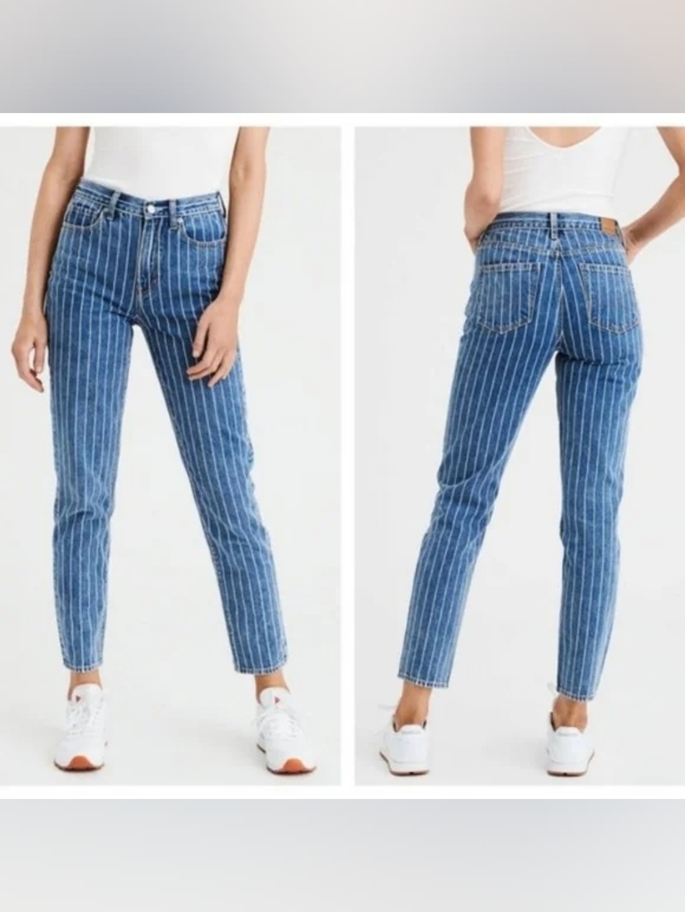 American Eagle Outfitters 100% Cotton Blue Pinstripe Straight-Leg Mom Jean